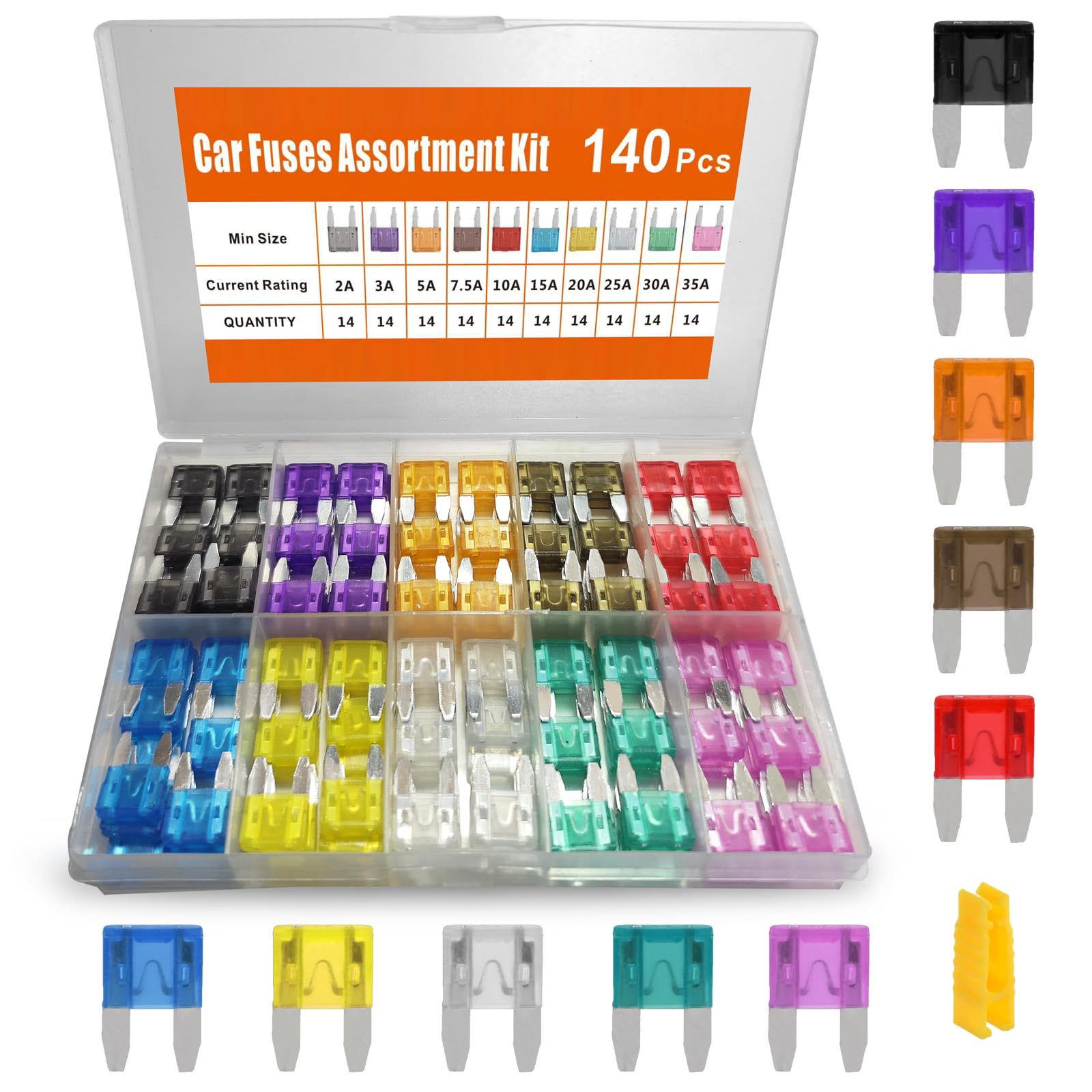 Kit surtido de 140 fusibles para coche, kit de fusibles de hoja automotriz con extractor, mini fusibles de repuesto de perfil bajo para camiones/caravanas/barcos/RV Essentials (2A, 3A, 5A