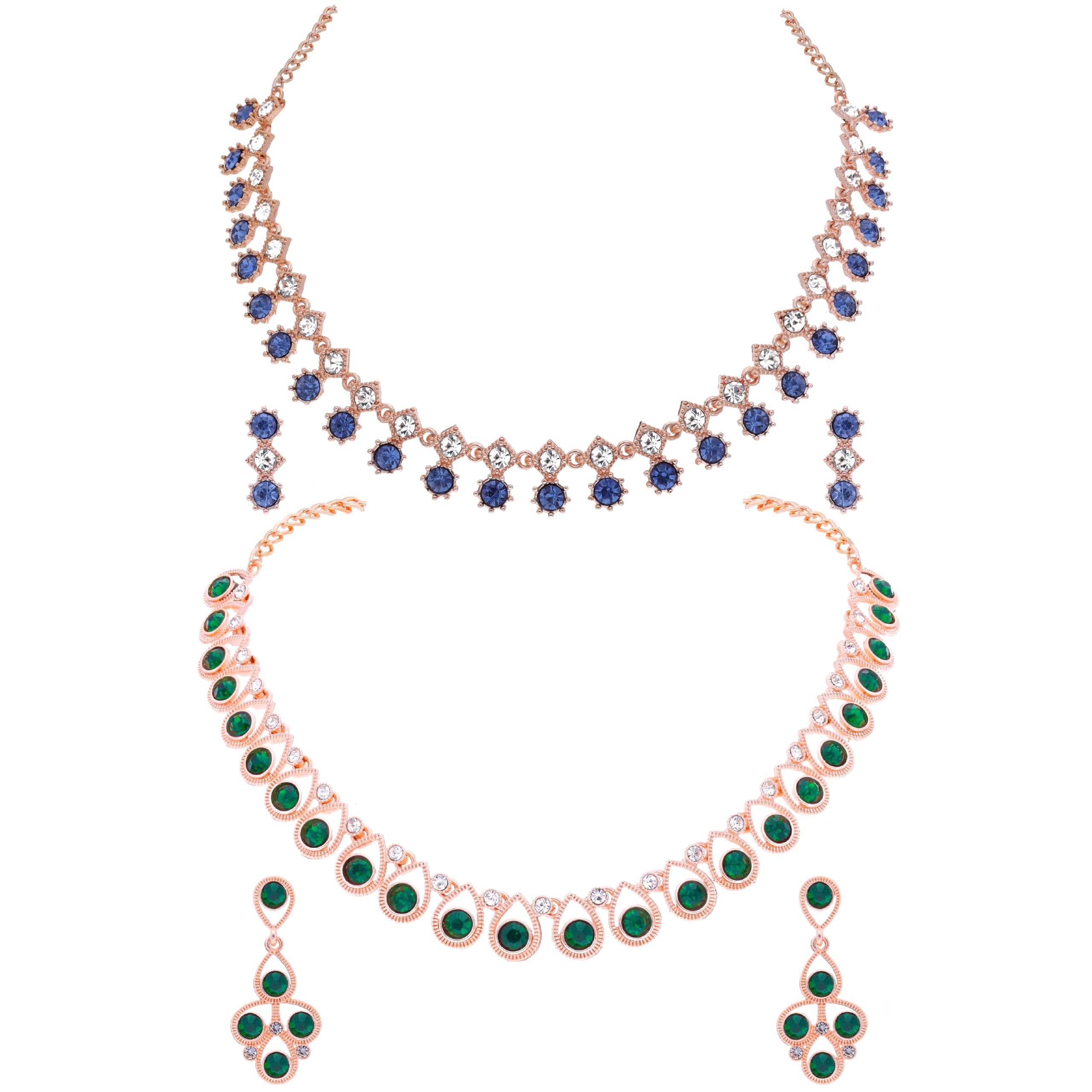 Brado Jewellery Pack of 2 Rosegold Polished AD Necklace with 1 pair of Earring Choker Jewelry set for Women and Girls(Bindi - RG - Aquablue - Dhayu - RG - Green) (B0CM31KG5W) Amazon Price History, Amazon Price Tracker