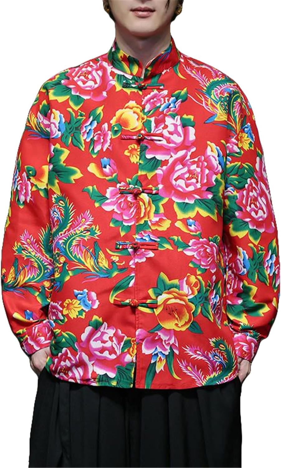 Men's Spring Chinese Style Tang Suit Handmade Frog Button Stand Collar Northeastern Big Floral Print Shirt