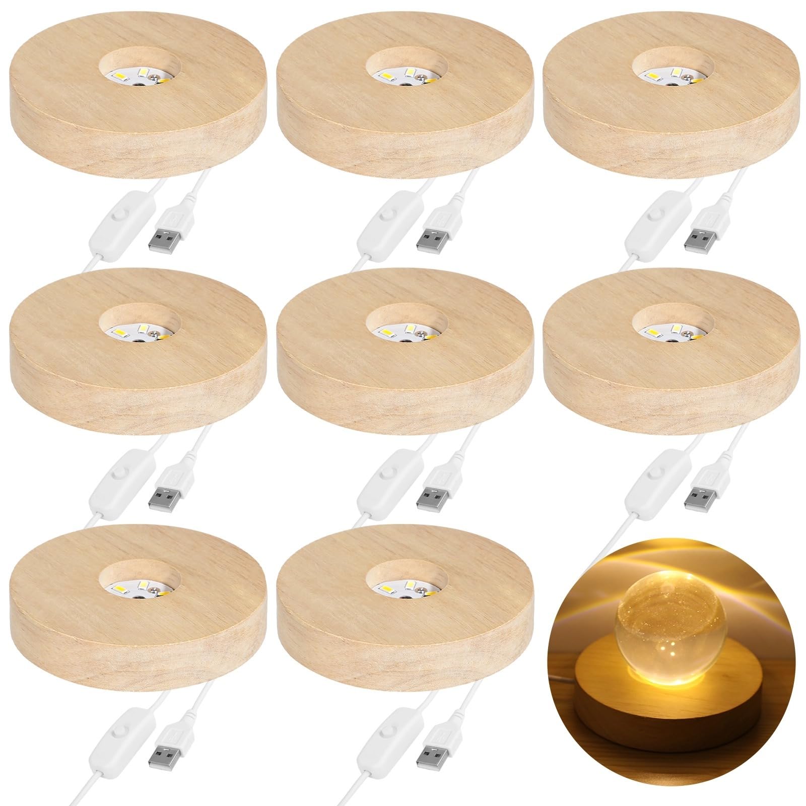 8 basi luminose a LED in legno, diametro 9,9 cm, altezza 2,3 cm, alimentazione USB con 3 modalità di illuminazione, espositore in cristallo per decorazioni domestiche, artigianato, vetro artistico