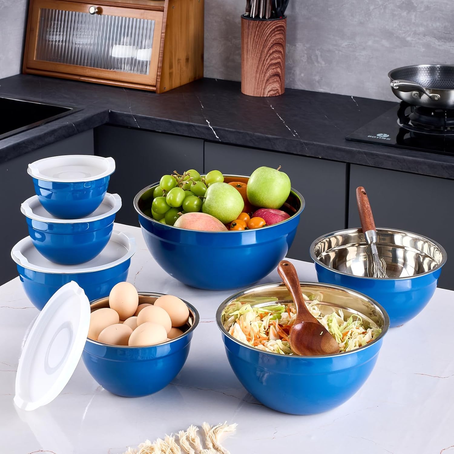 Blue Mixing Bowls With Airtight Lids,Stainless Steel Bowl,Salad Bowls 7 Piece Colorful Nesting Bowl Blue Kitchen Accessories,Size 7,3.6,2.7,2.1,1.5,1.1,0.8QT Stackable Design - Image 8
