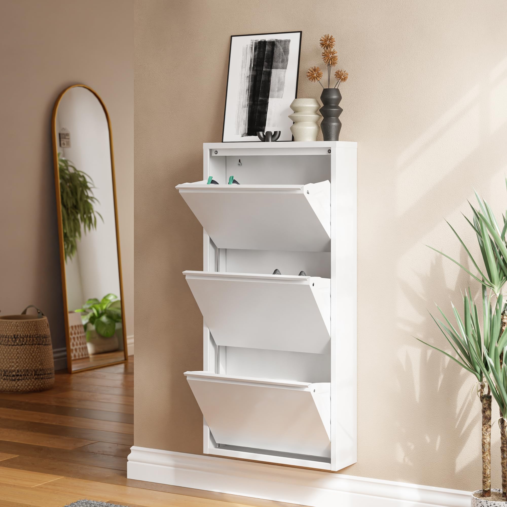[en.casa] Zapatero de Pared Sokndal Organizador de Zapatos con 3 Puertas para 6 Pares Mueble de Calzados para Entrada Pasillo Metal 104 x 50 x 15 cm - Blanco