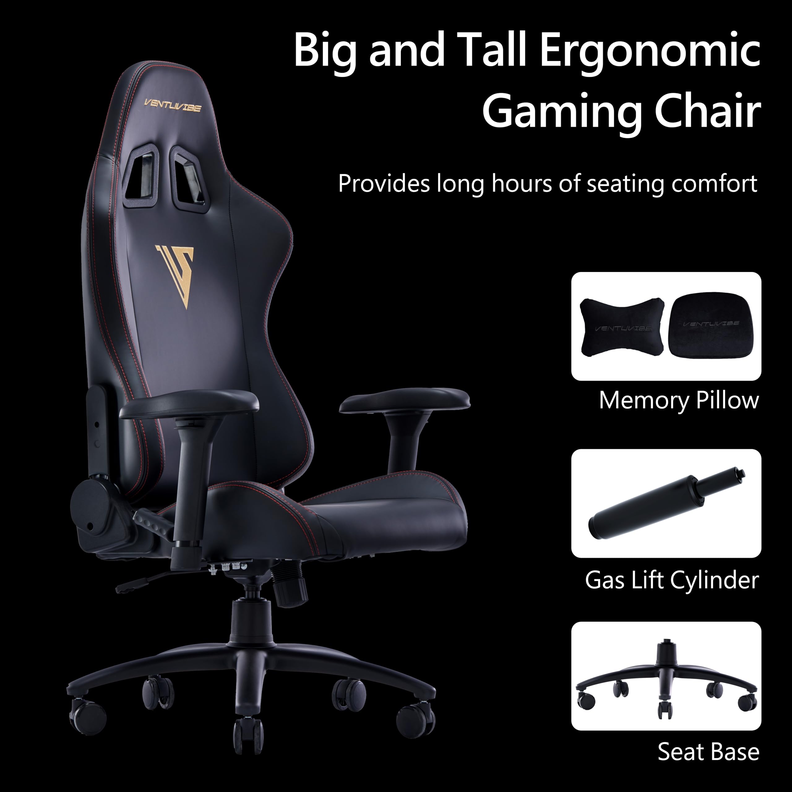 Silla de videojuegos, silla ergonómica negra para adultos, silla de jugador grande y alta con reposacabezas de espuma viscoelástica, reposabrazos ajustables 4D, respaldo alto reclinable de piel 4