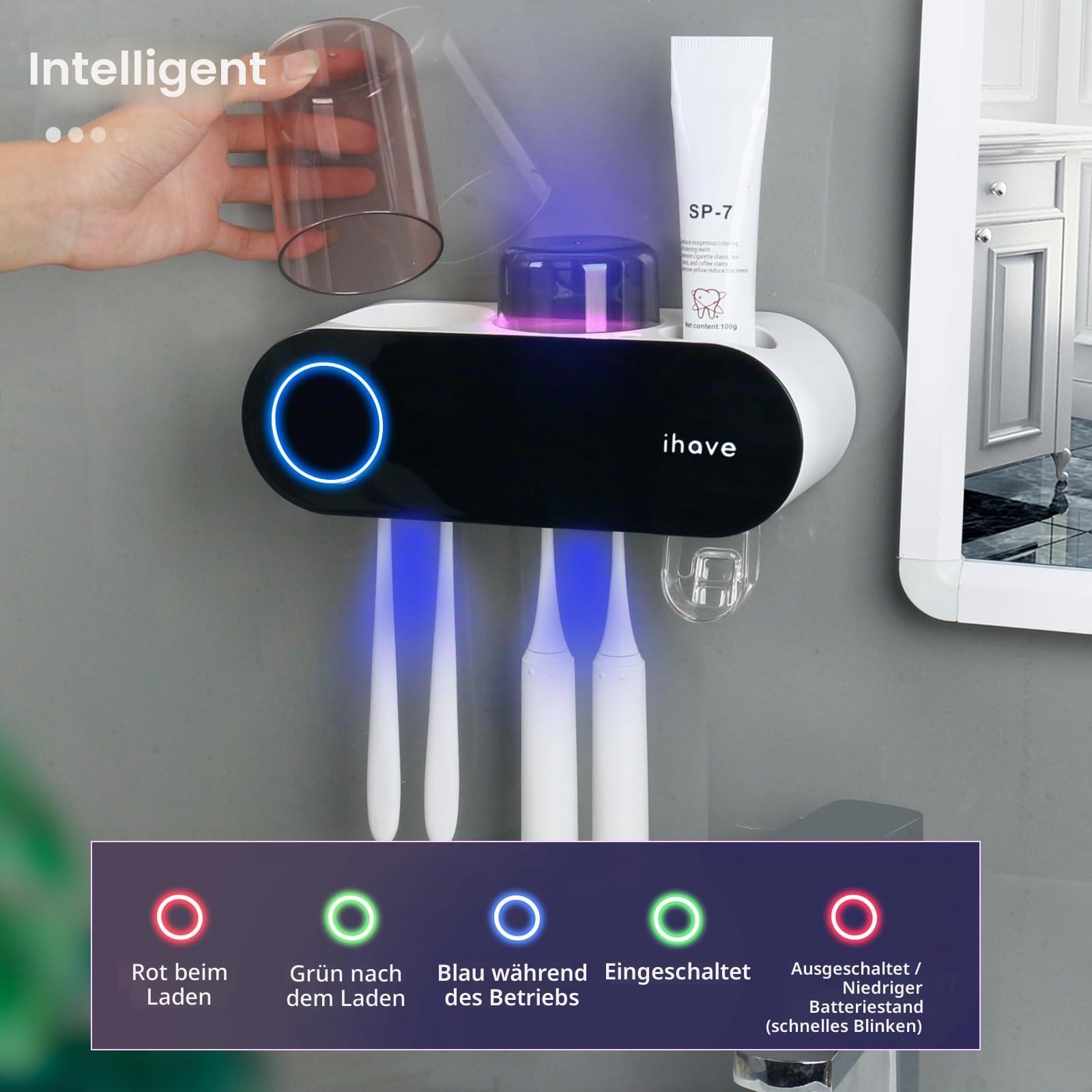 iHave Zahnbürstenhalter Wand ohne Bohren mit UV-Sterilisator & Zahnpastaspender – Toothbrush Holder Wall für elektrische Zahnbürsten Desinfektion, Toothbrush Sanitizer Set inkl. 2 Zahnputzbecher
