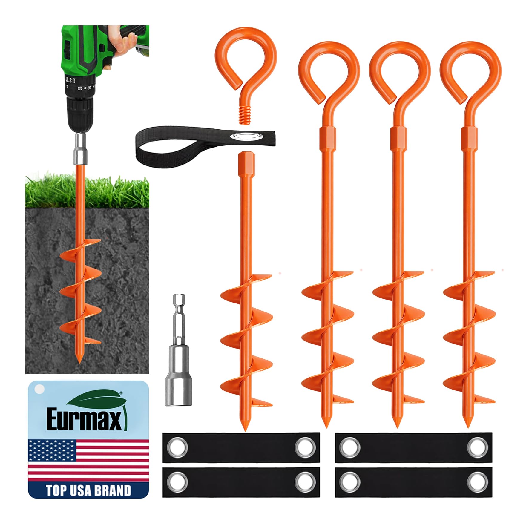 Eurmax USA 4 Pack Heavy Duty Ground Stakes&amp;Anchors,Commercial Spiral Screw-in Trampoline Stakes with Reinforced Tie-Down Straps,High Wind Stabilizing Kit for Canopies,Outdoor Sheds,Swing Sets(Orange)