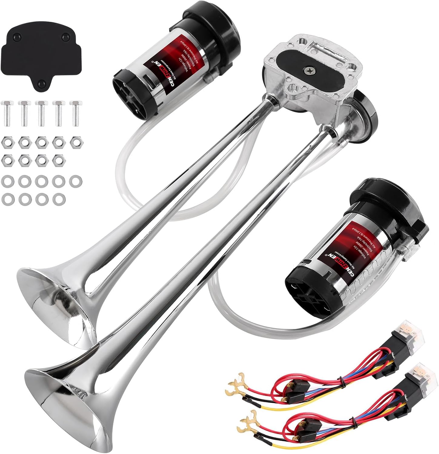Air Horn for truck horn kit, ultra loud dB. The Air horn with two 120 PSI Air compressor is suitable for pickup/motorhome/SUV/truck/train 12V 150db and other vehicles (silvery)