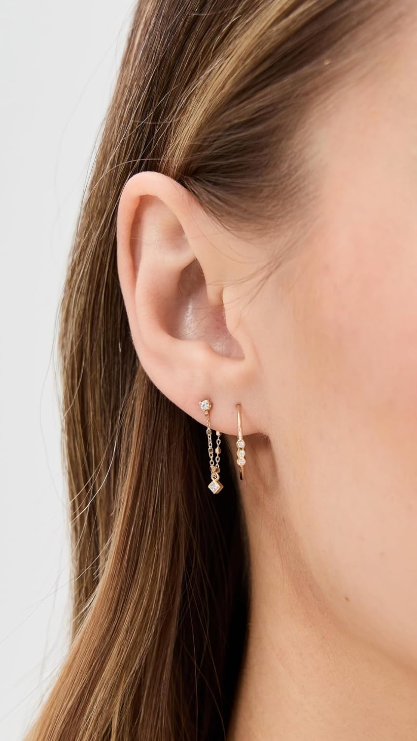 Zoe Chicco Women's 14k Gold Prong Diamond Square Bead Chain Huggie Single Earring with Diamond Drop - Image 3