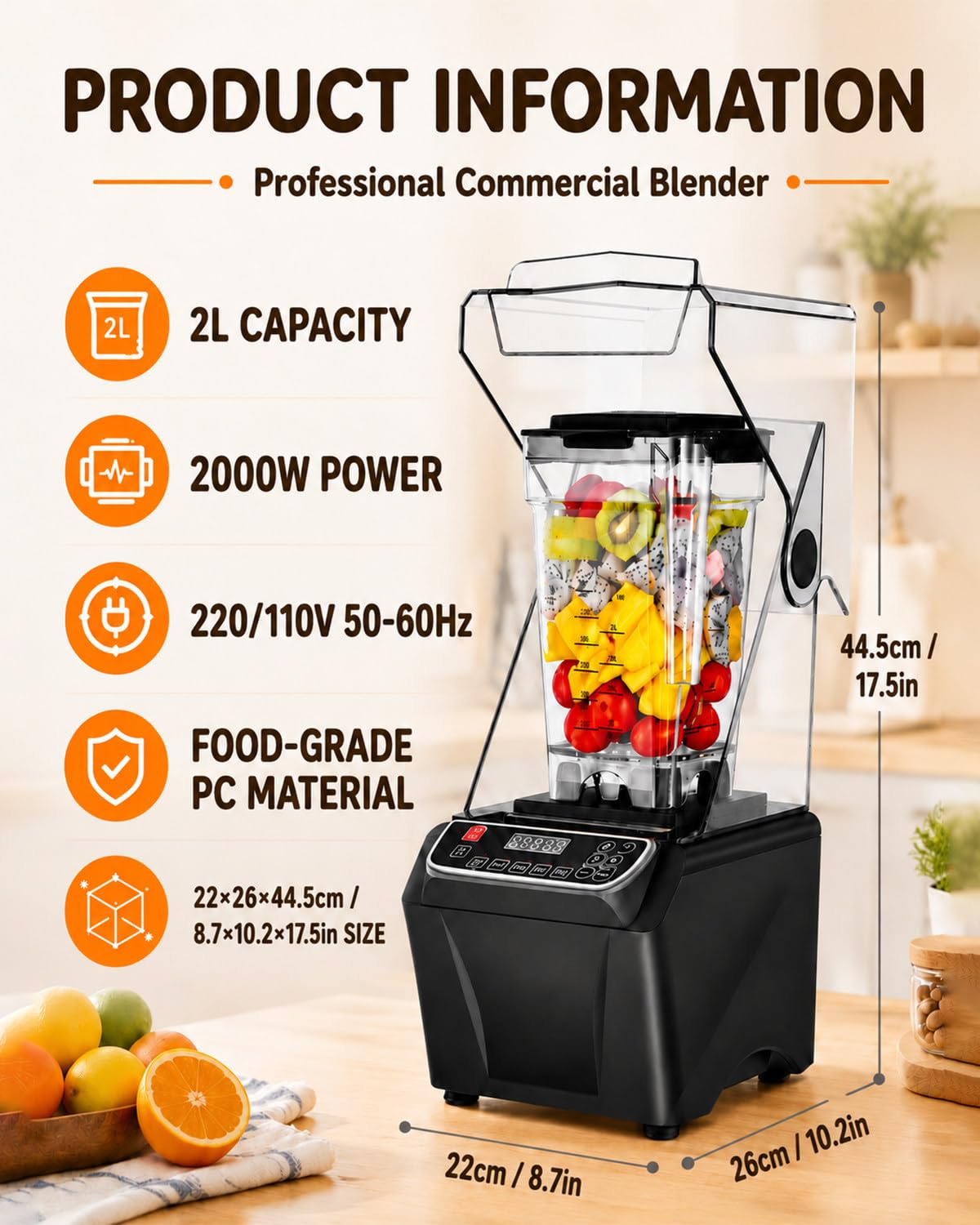 Frullatore Commerciale 2000W, 2L, 38.000 Giri/min, Lame Inox, LED