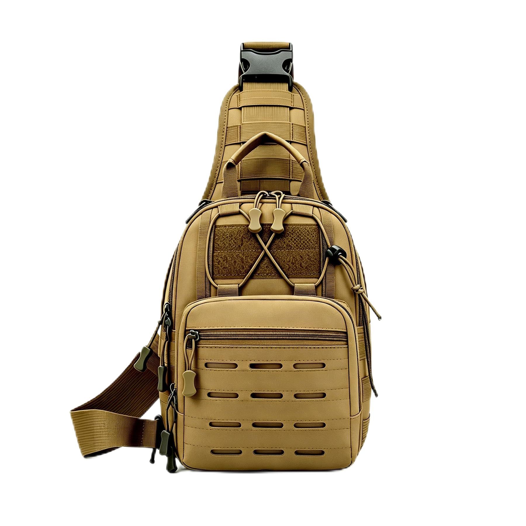 Jetfree Tactical Backpack Sling Bag， Waterproof Molle Chest Bag & Small Backpack, Adjustable Strap Military Rucksack for Hiking, Camping, Fishing, Cycling, Travel (B2 Khaki)
