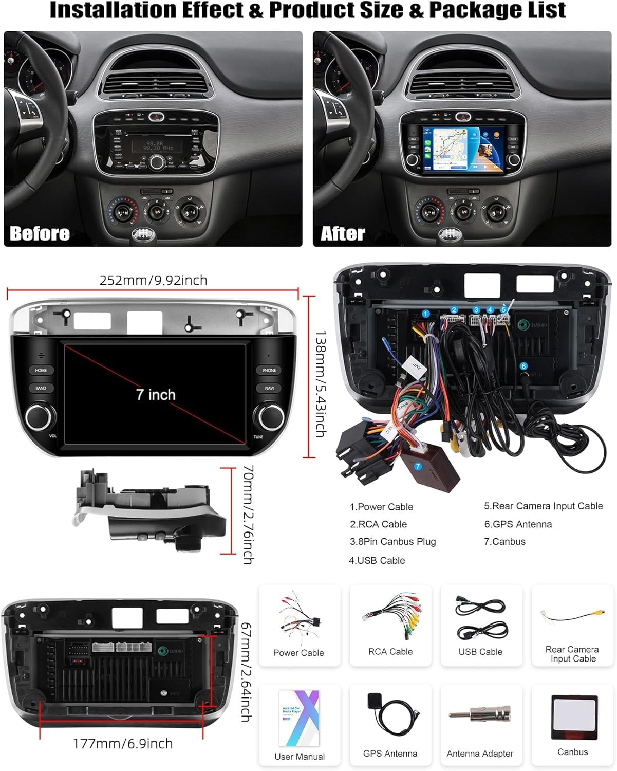 CAMECHO 4+64G Android 15 Carplay Autoradio per Fiat Punto (2012-2016), Nav Wireless Carplay Android Auto, Stereo con Schermo da 7 Pollici Bluetooth 5.0 RDS/FM Mirror Link EQ +Telecamera posteriore