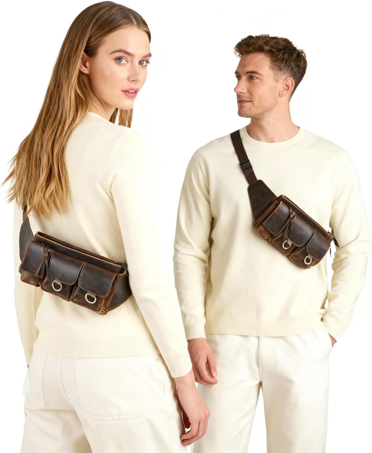 Water Resistant Canvas + Leather Hiking Riding Travel Fanny Waist Pack Small Phone Pouch For Men Women FB811-29 (100% Leather-The 341 Coffee)