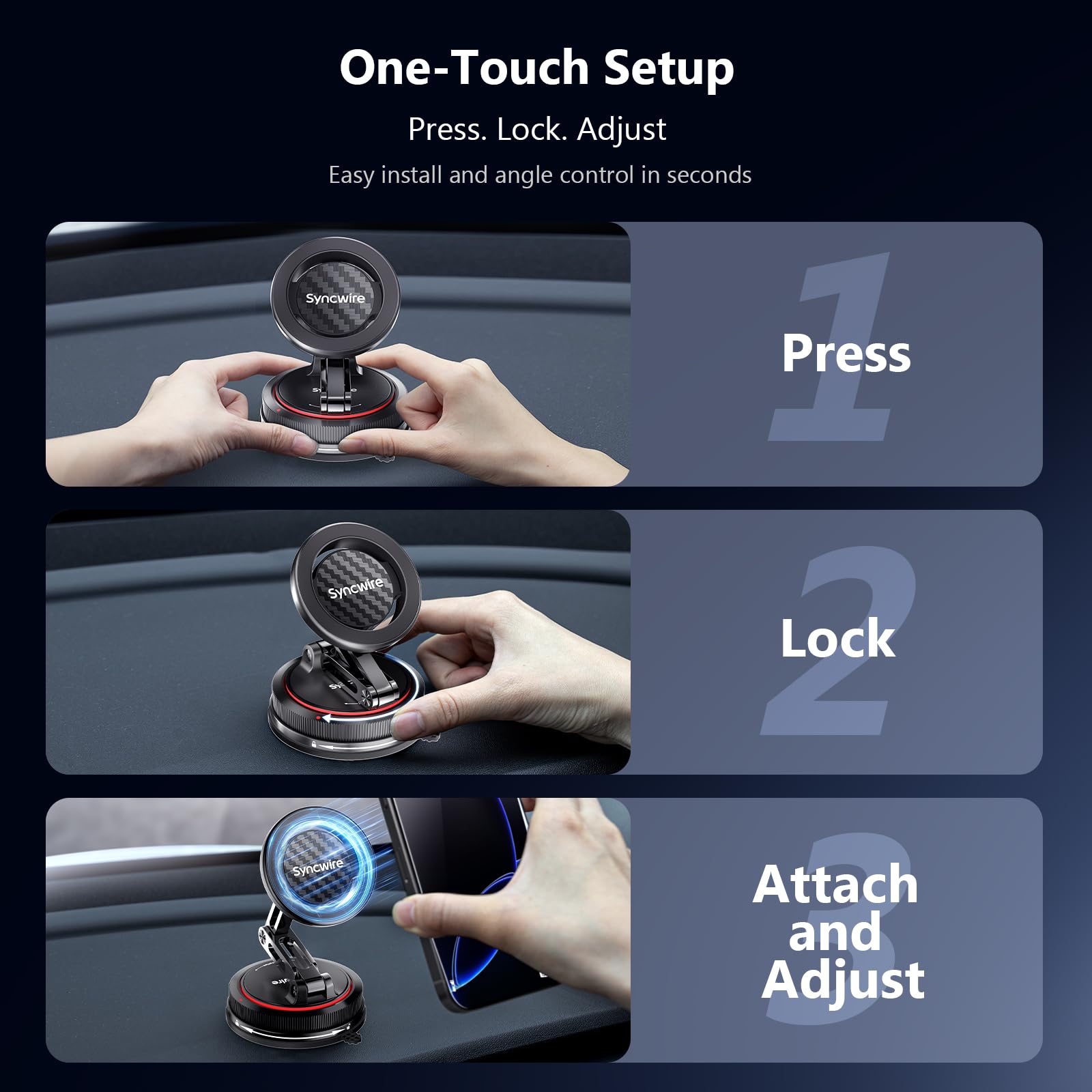 SYNCWIRE Uchwyt samochodowy MagSafe [3-osiowy] Nano samoprzylepny żel + mocny magnetyczny uchwyt na telefon z przyssawką do deski rozdzielczej i przedniej szyby, obracany o 360°, do iPhone'a 17, 16
