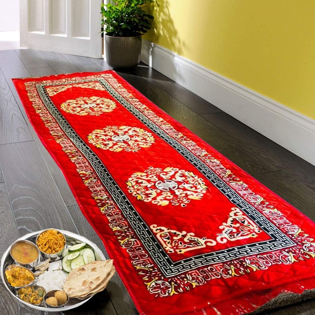 Kuber Industries Kitchen/Floor Mat|Solid Traditional Print & Soft Velvet Material|Size 190 X 64 Cm (Red), Large Rectangle