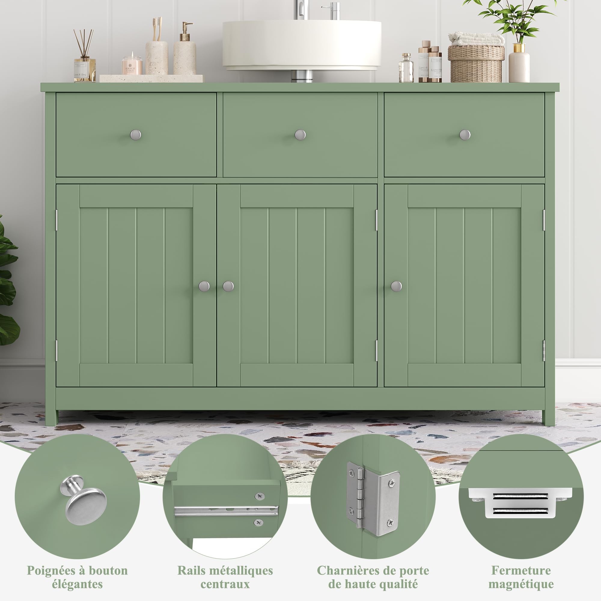 FOREHILL Meuble sous Lavabo 100cm, Meuble de Salle de Bain sous Vasque, Meubles de Salle de Bain Rangement avec 3 Portes 2 Tiroirs sur Pieds 100x30x61cm Vert
