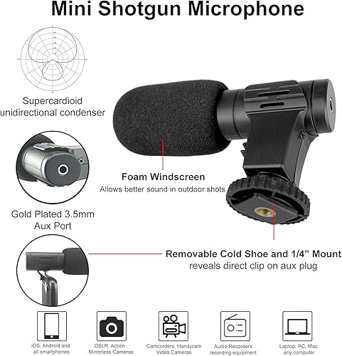 Miniatura 14 de Acuvar Kit de vlogging premium de 9 piezas para iPhone, Android y cámaras, micrófono, soporte de trípode y luz LED, paquete de YouTube, TikTok
