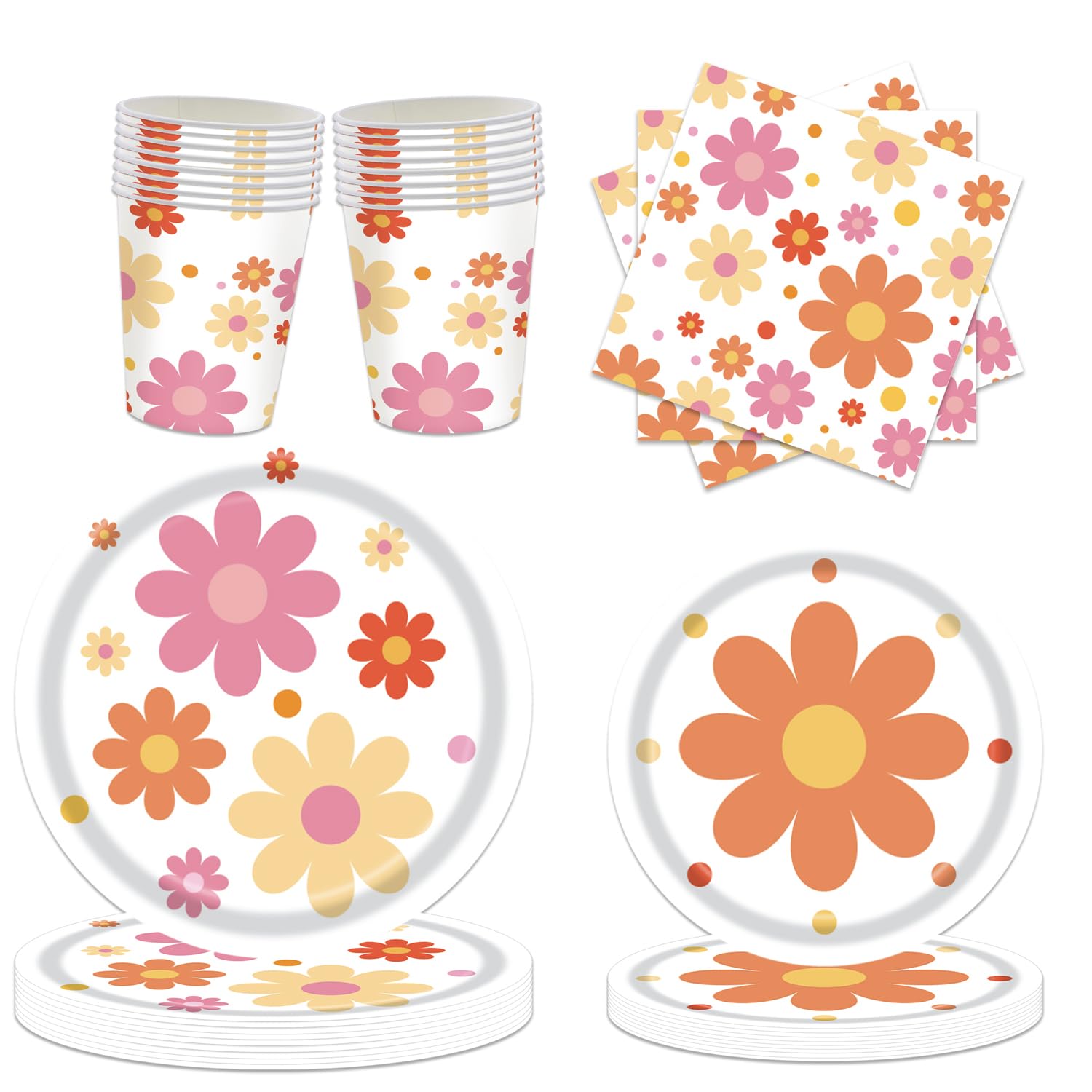 LOONELO Daisy Flower Party Tableware Set, 68pcs Daisy Flower Paper Plates Napkins Cups, Two Groovy Disposable Party Supplies Decorations for Baby