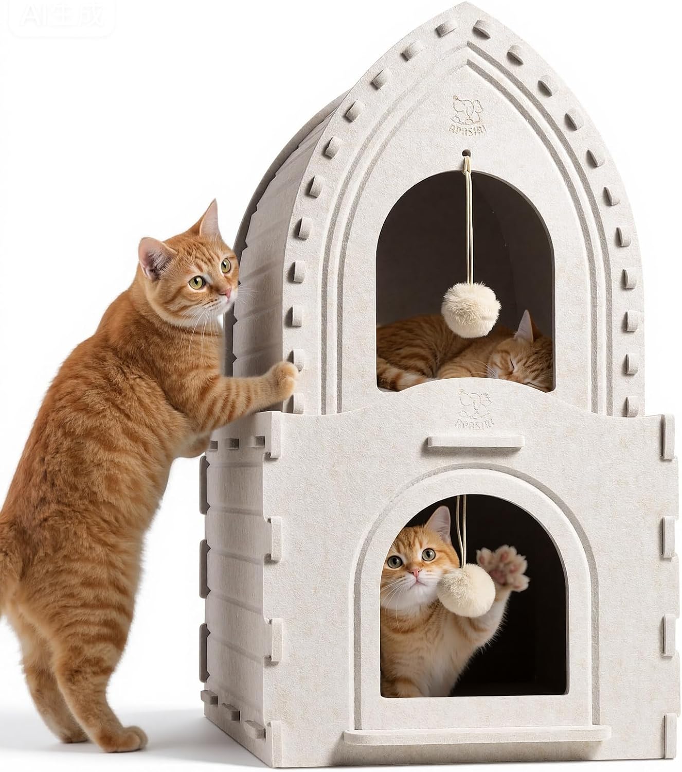 Apasiri Indoor Cat House for 2 Cats: 2-in-1 Double-Deck Cat House, Sturdy and Scratch-Resistant, Original Castle Design, A Perfect Indoor Cat Cave for Multiple Small Pets and Kittens Beige2 Cat House for 2 Cats