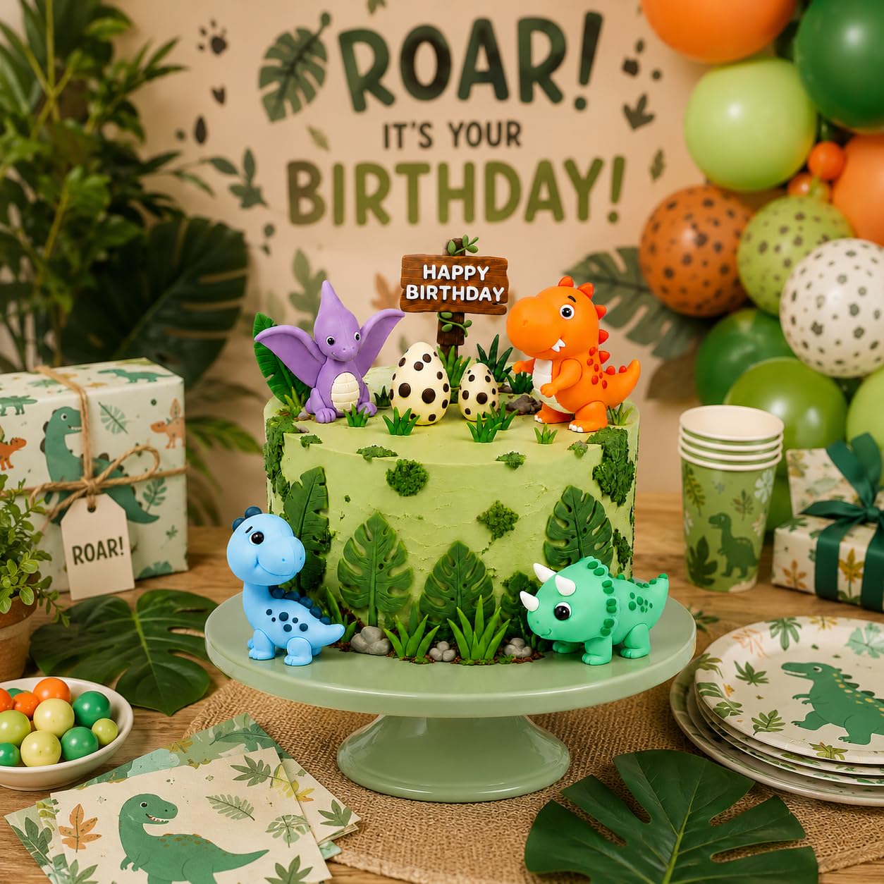 17-częściowa dekoracja tortu 3D z jajkami dinozaurów, liśćmi i tabliczką "Happy Birthday", na urodziny dziecka, imprezę tematyczną i baby shower, dekoracja tortu dla chłopców i dziewczynek