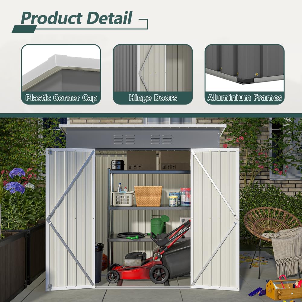 Outdoor Storage Shed and Gazebo Combo,Galvanized Steel Garden Shed & Patio Pergola, Metal Shed with Lockable Tool Storage and Open Hardtop for Backyard (Grey,6x4 ft Grey with Floor Frame)