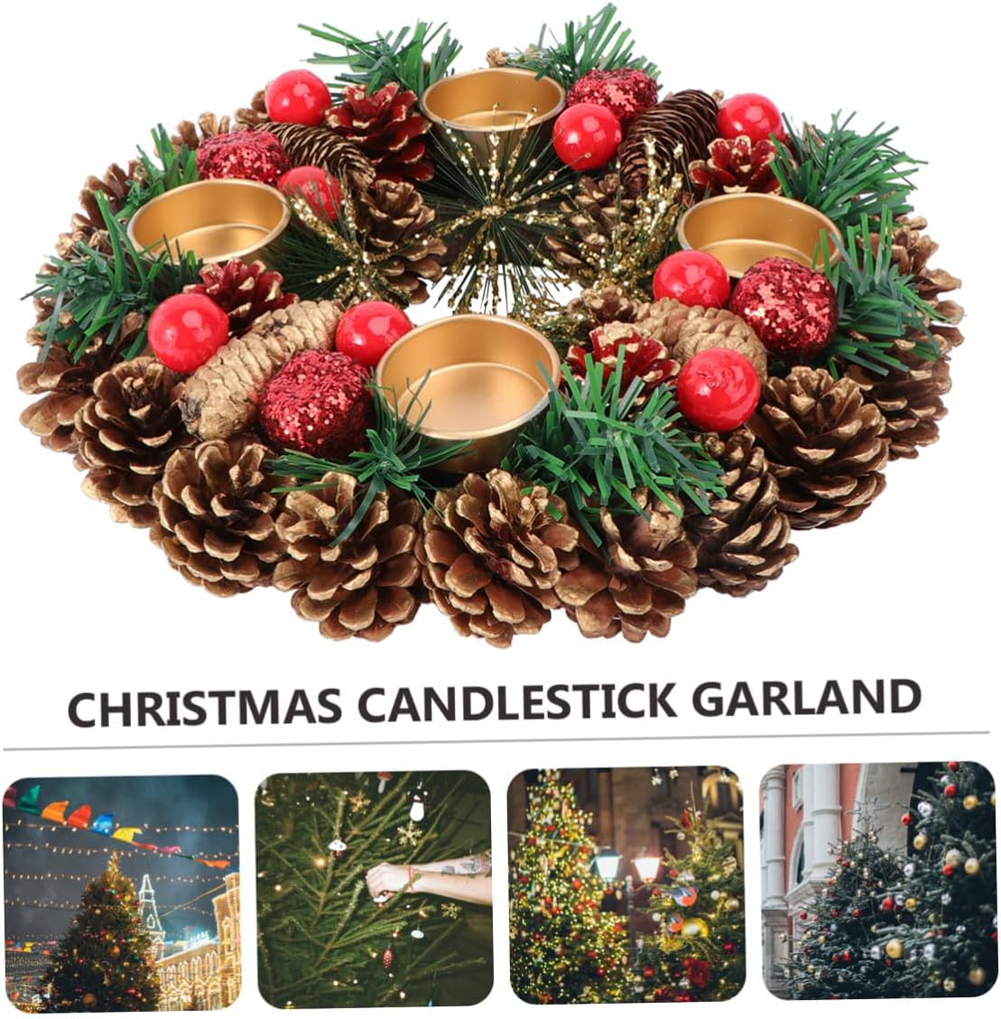 Cabilock Handmade Christmas Candleholder Wreath 27cm Stylish Evergreen Garland Decorative Desktop Candlestick for Holiday Table Centerpiece