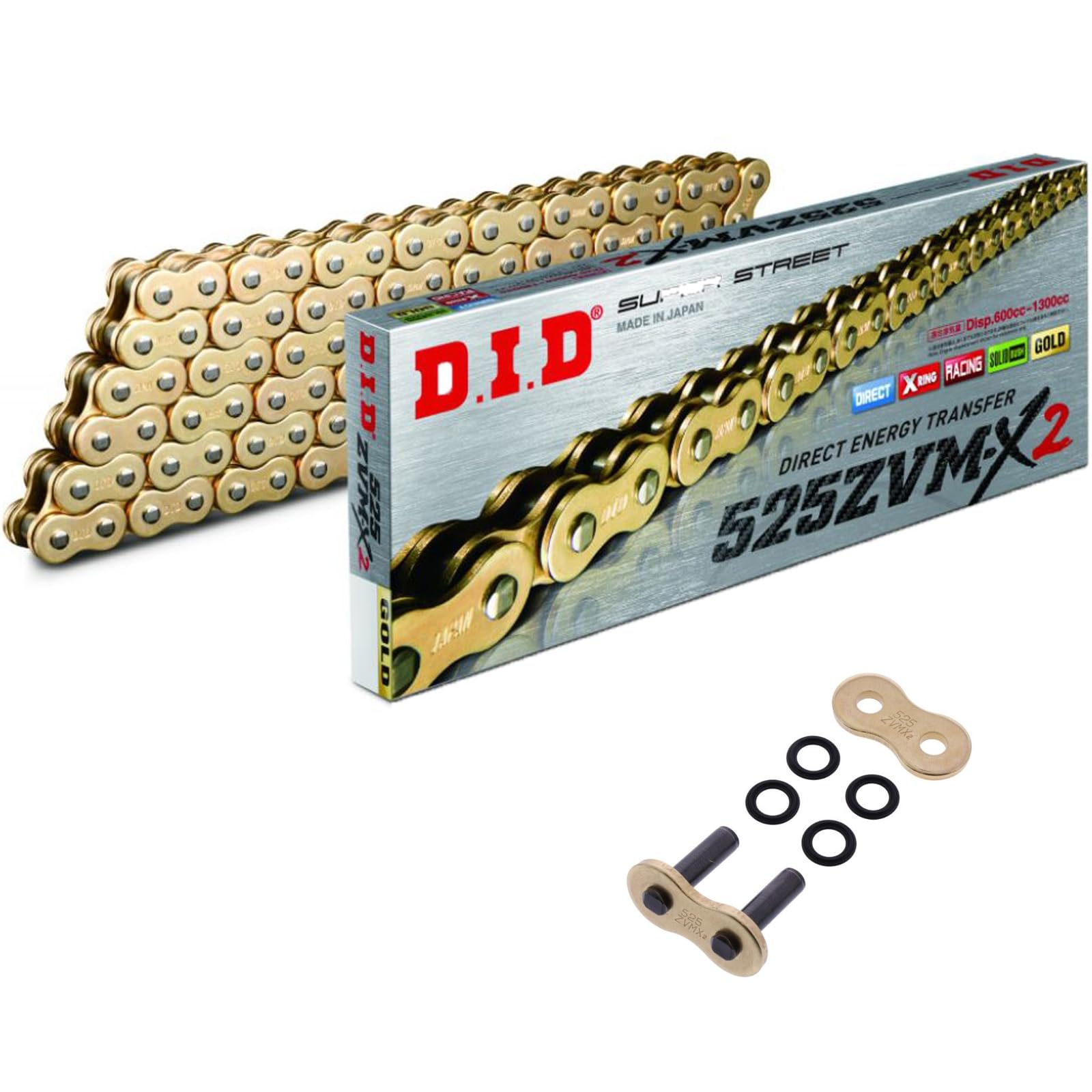 DID ZVMX2 Motorrad X-Ring Antriebskette Gold 525 Teilung 122 Glieder offen + Nietschloss