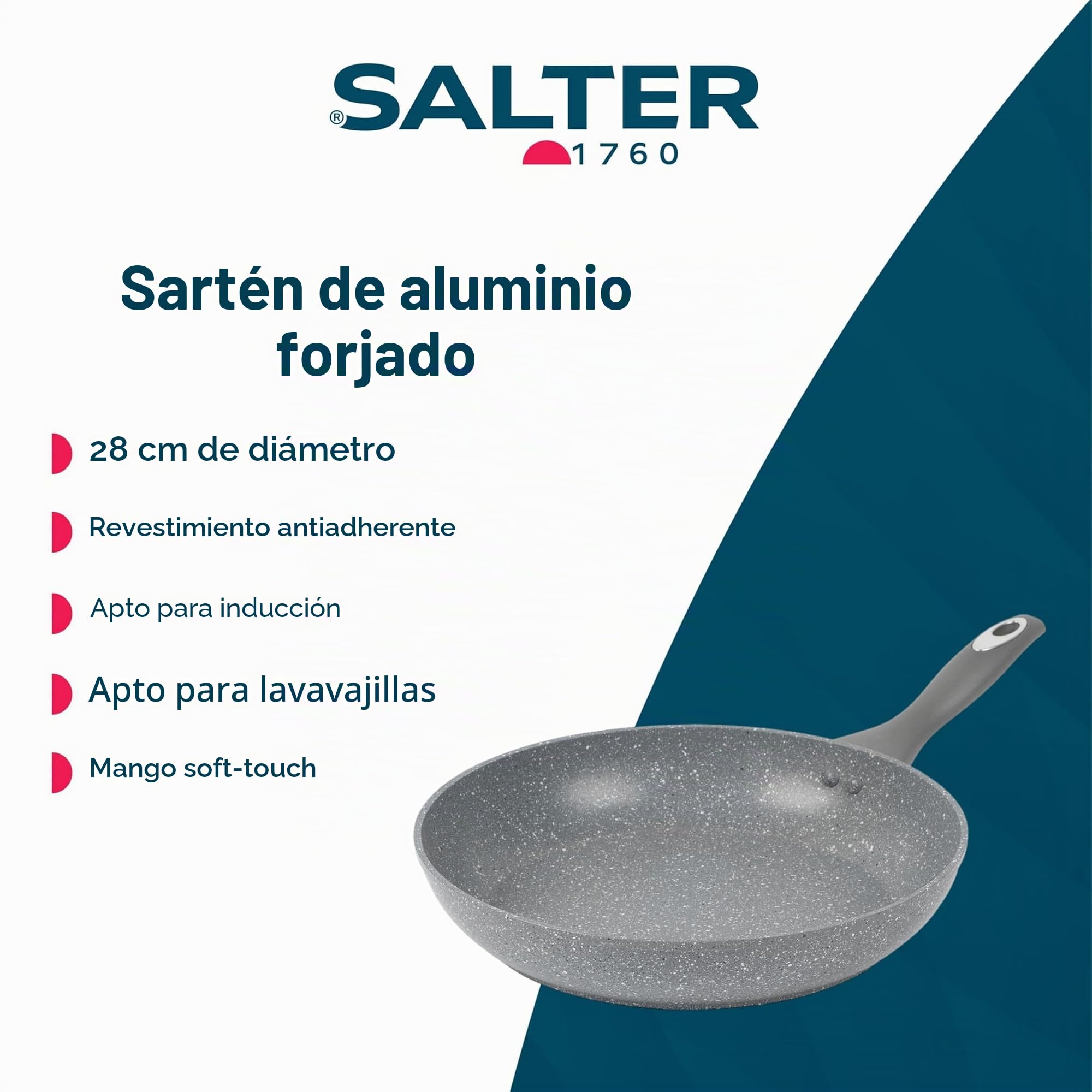 Salter BW02764G Sartén Antiadherente de Aluminio Forjado De La Colección Marblestone, Mango De Baquelita, 28 cm, Apta Para Lavavajillas, Revestimiento De Mármol, Gris