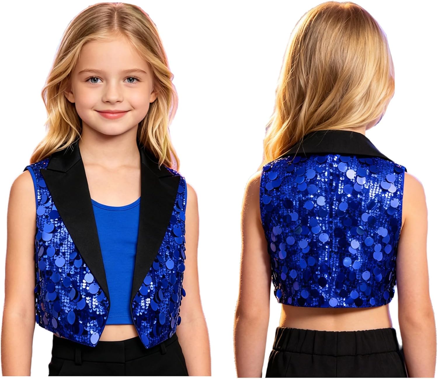 Choomomo Girls Sequin Dance Vest Sparkly Music Party Color Block Waistcoat Sleeveless Open Front Jacket