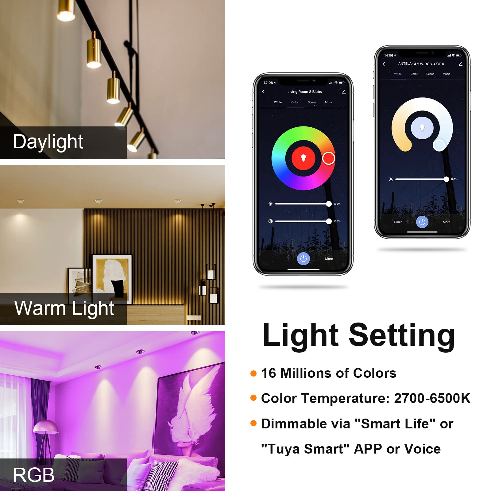 ANTELA Bombilla GU10 Inteligente Wifi Compatible con Alexa y Google Home, Luz Fría/Cálida 2700K-6500K, Bombilla RGB 16 Millones de Colores, 4,5W, 326LM, CRI 80, 15000hrs,4 PCS