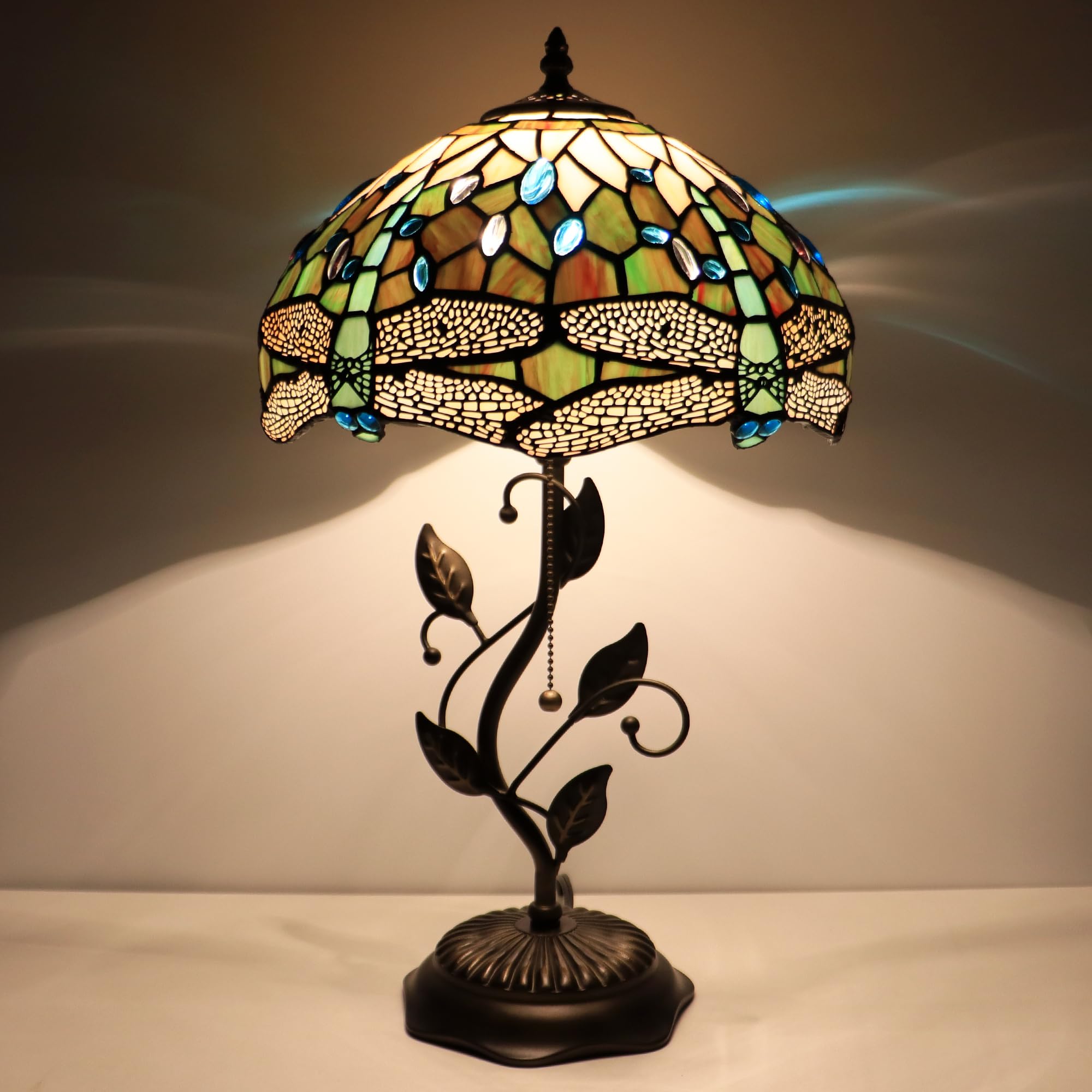 Tiffany Lamp Yellow White Dragonfly Style Stained Glass Table Lamp Desk Bedside Reading Light 12X12X19 Inches with Metal