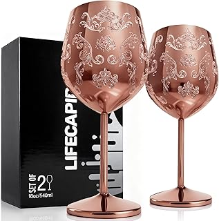 Lifecapido Stainless Steel Wine Glasses Set of 2, 18oz Etched Rose Gold ...