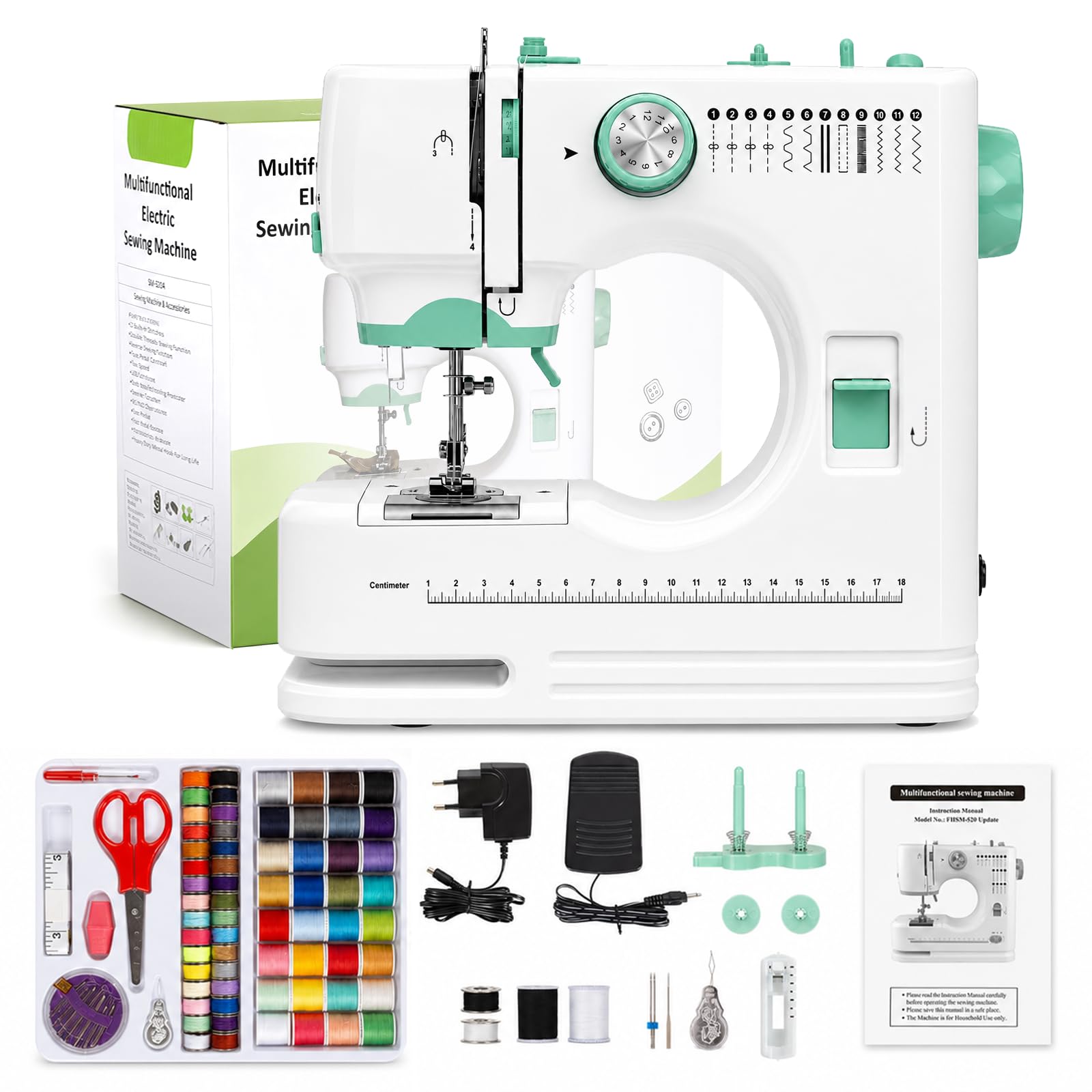 Mini Nähmaschine für Anfänger, Tragbare Elektrische Nähmaschine mit 12 Nähprogrammen, Automatisches Einfädeln, Doppelnadel, LED-Licht, Fußpedal, 58-teiliges Zubehör, Ideal für Kinder & Reparaturen