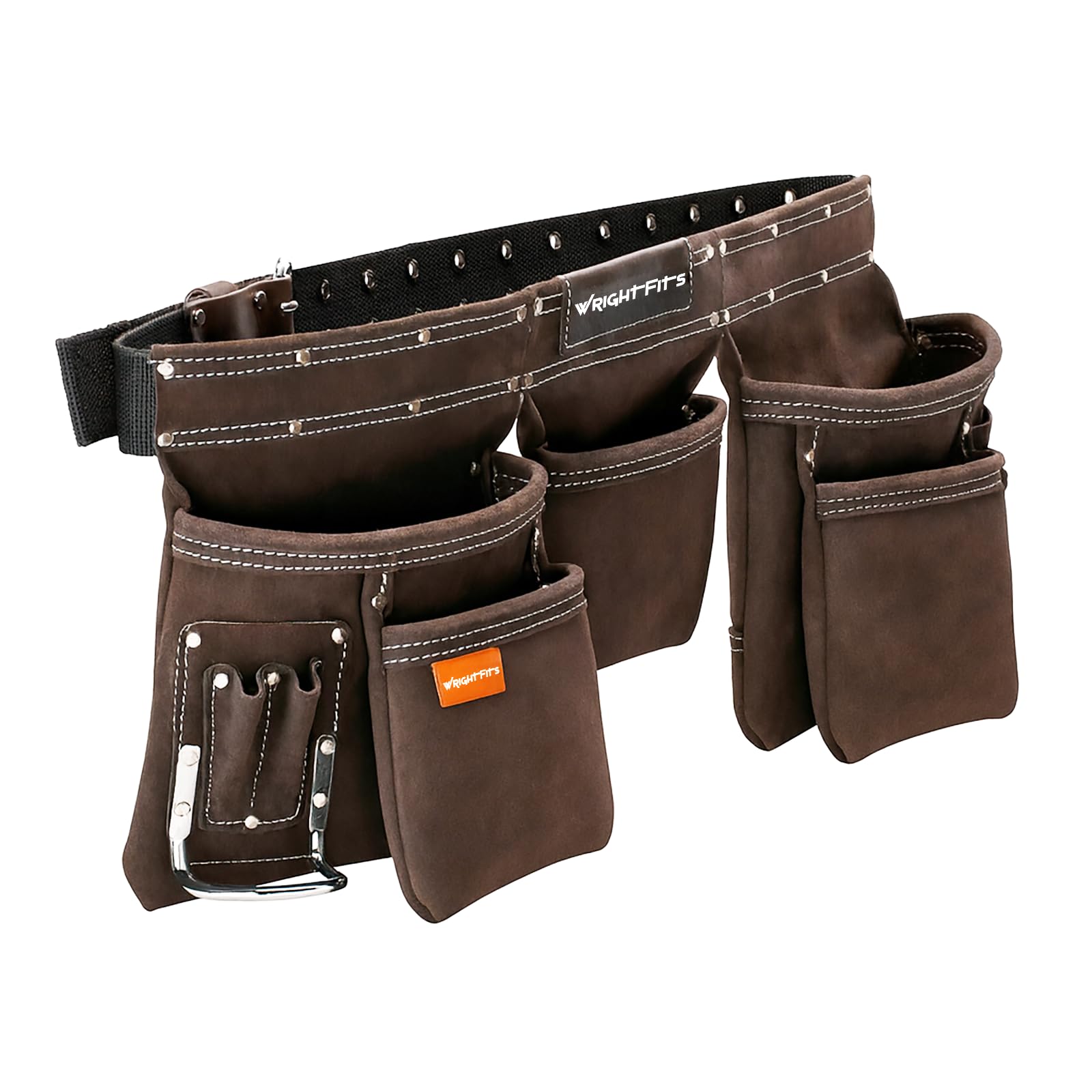 WrightFits 9 Pocket Leather Apron Tool Belt – Heavy Duty Double-Stitched Tool Pouch with Multi Pockets, Adjustable Waist Work Storage Organiser with Hammer Loop for Electricians & Carpenters