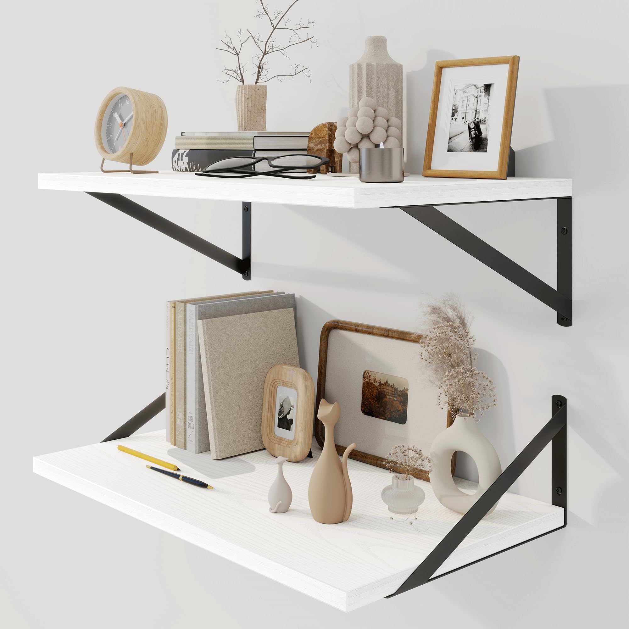 Fun Memories Schwebende Bücherregale, 2er Set Wandregal Holz 60 x 30 cm, dekoratives Wandregal für Wohnzimmer, Schlafzimmer, Badezimmer und Waschküche (Weiß)