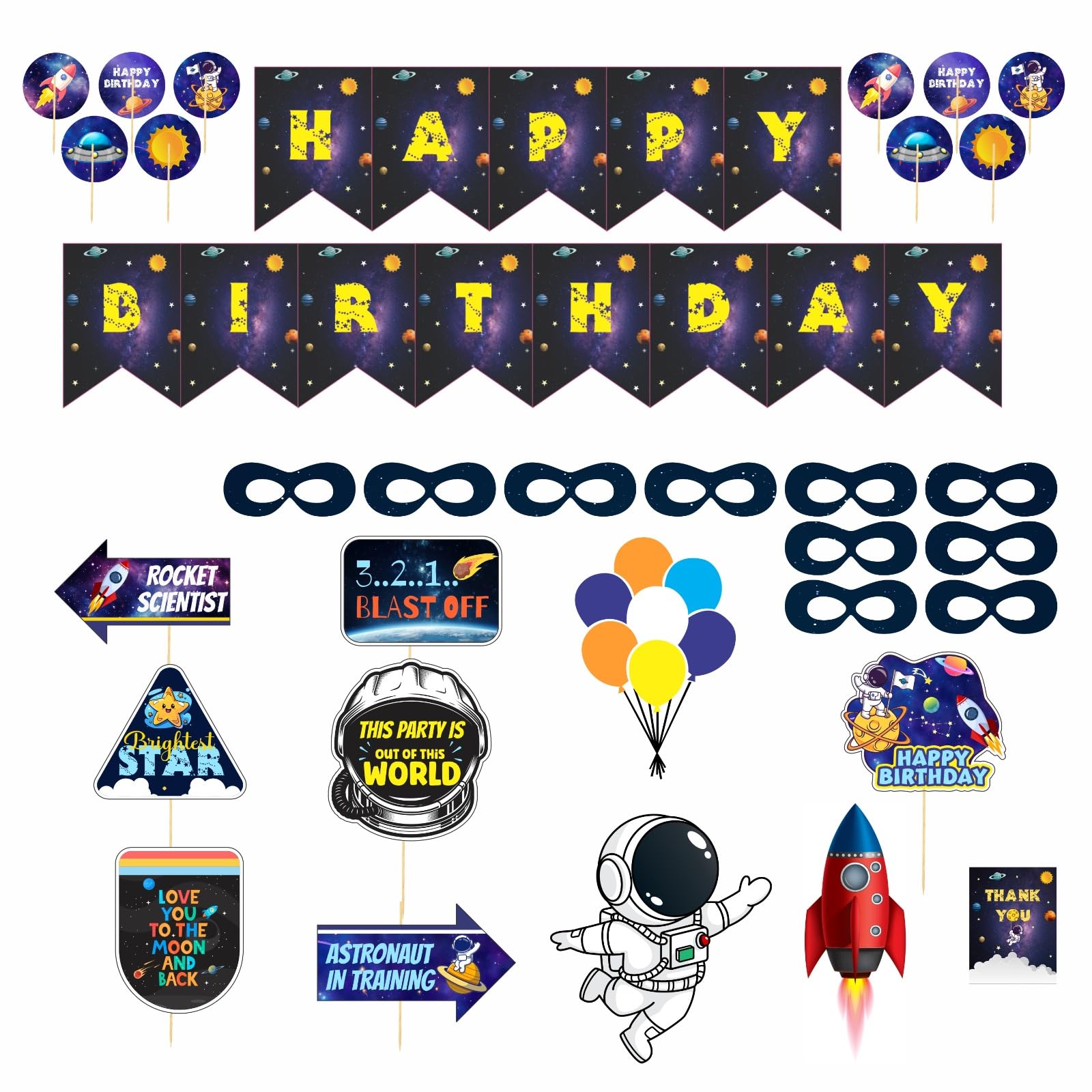 Party Bazaar Ready-To-Use Space Theme Birthday Decorations Combo Kit | Happy Birthday Banner, Thank You Cards, Eye Masks, Cutouts, Cake Toppers, Balloons, Props for Decorations (80 pcs)
