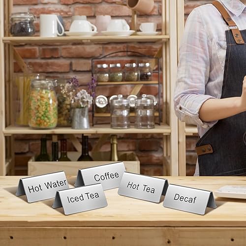 Miniatura 4 de Hicarer 5 letreros de acero inoxidable para mesa de tienda de campaña, letreros de café, té y bebidas, exhibición de mesa para fiestas, bufé,