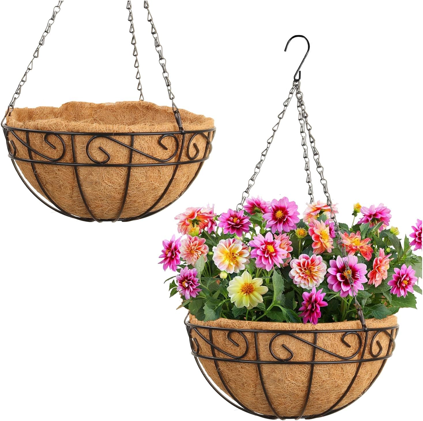 Free-Air 12 Inch Metal Hanging Planter Basket with Coir Liner 2 Pack,Iron Hanging Baskets for Plants Outdoor with Chain,Large Wire Plant Holder Flower Pots Hangers for Home Garden Balcony Decor