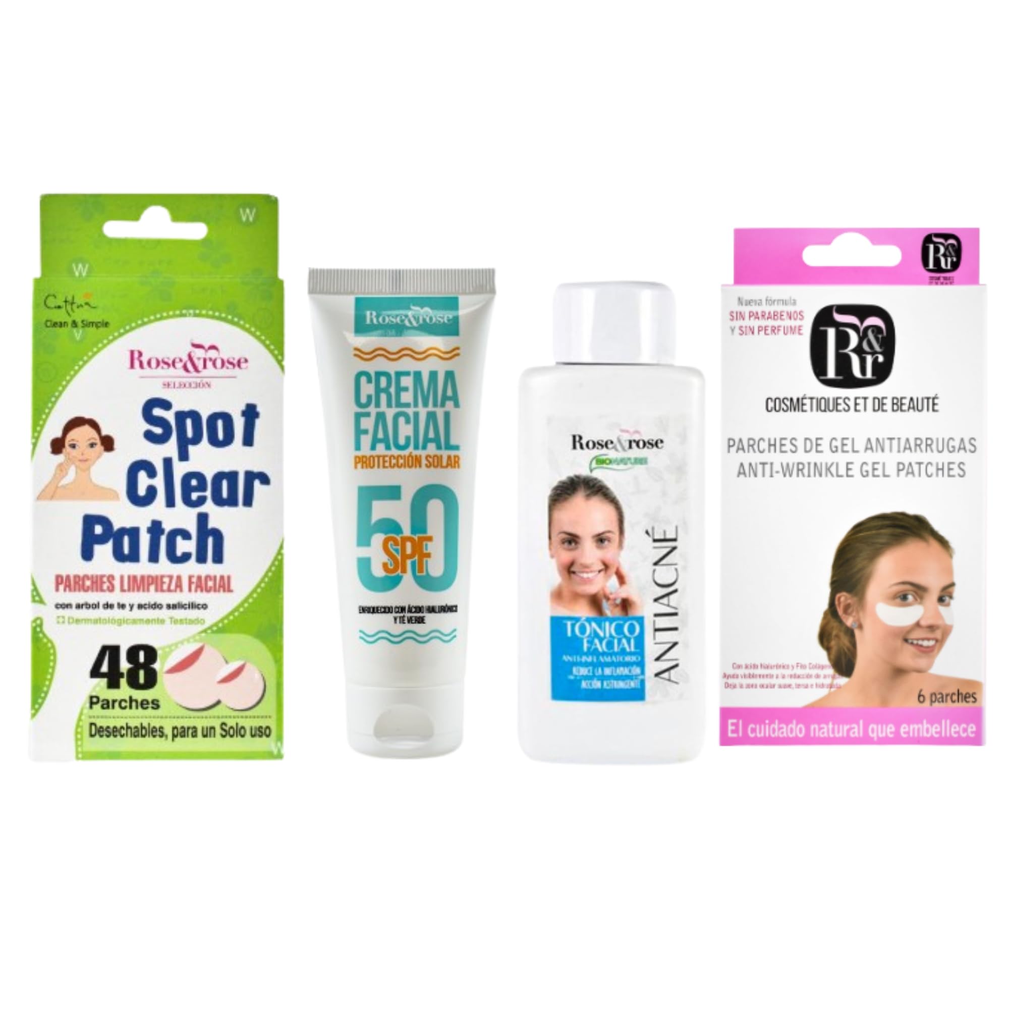 Zestaw Rose & Rose | Tonik do twarzy przeciw trądzikowi + krem przeciwsłoneczny SPF 50+ plastry punktowe przezroczyste + plastry żelowe do oczu | Kompleksowa pielęgnacja twarzy dla skóry tłustej i