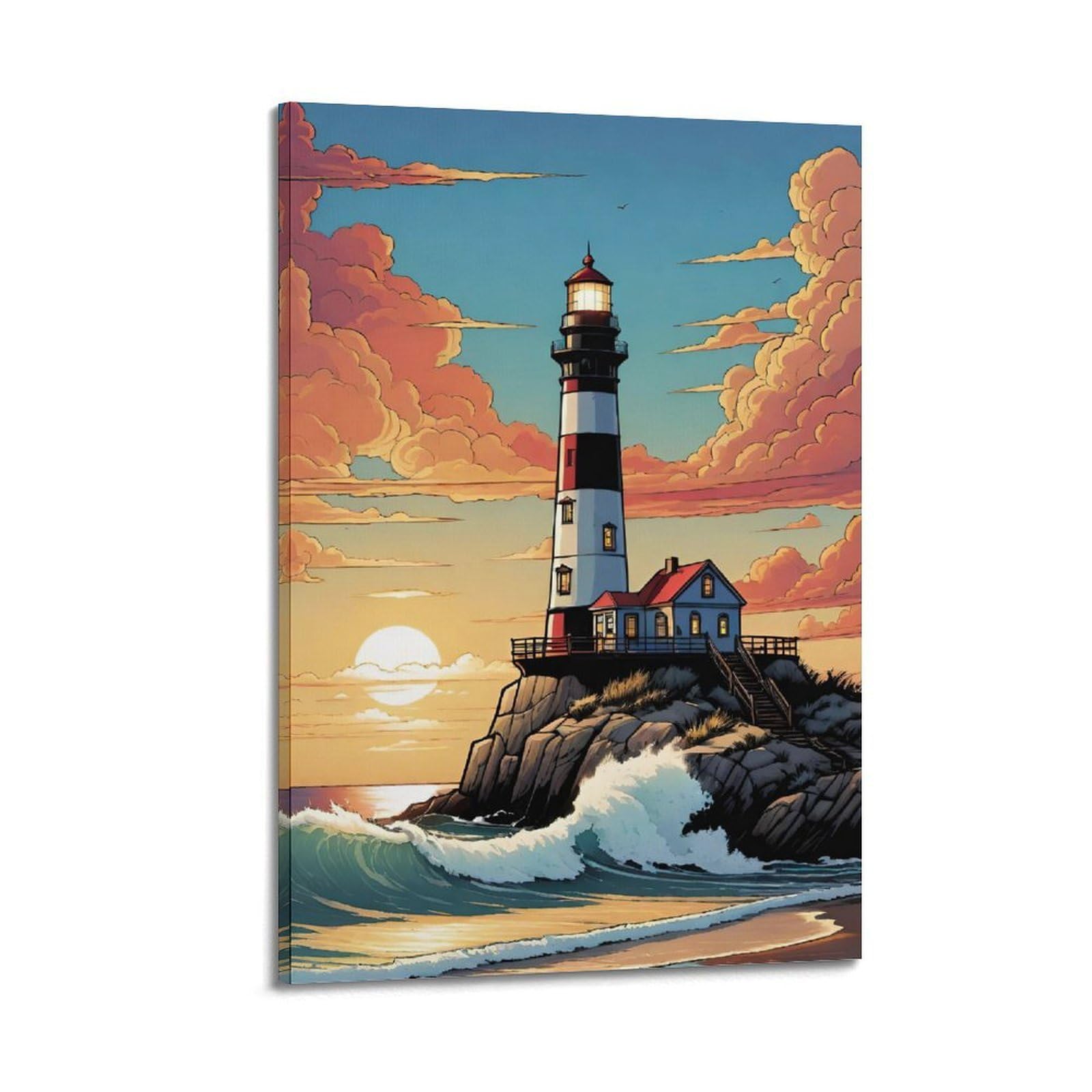 CXHJCA Lighthouse Poster Sunset Rock Guardian Poster Decorative Painting Canvas Wall Posters And Art Picture Print Modern Family Bedroom Decor Posters 24x36inch(60x90cm)
