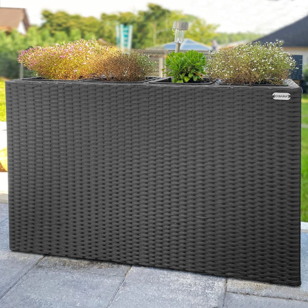 Casaria Fioriera Rettangolare 95x27x60 cm con 4 Vasi Interni in Polyrattan con Sistema di Drenaggio Fioriere Porta Vaso da Fiori Piante Divisorio Giardino Balcone Terrazza Nero