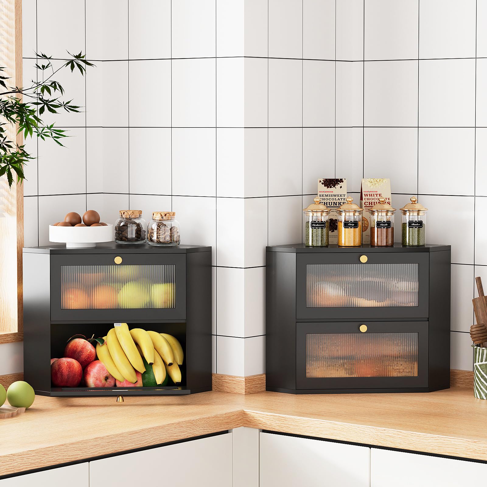 VEDECASA Contenitore per il pane in bambù per cucina, a 2 ripiani, angolare, con porta in acrilico trasparente, per uso alimentare, contenitore per il pane con ampio spazio per il piano di lavoro