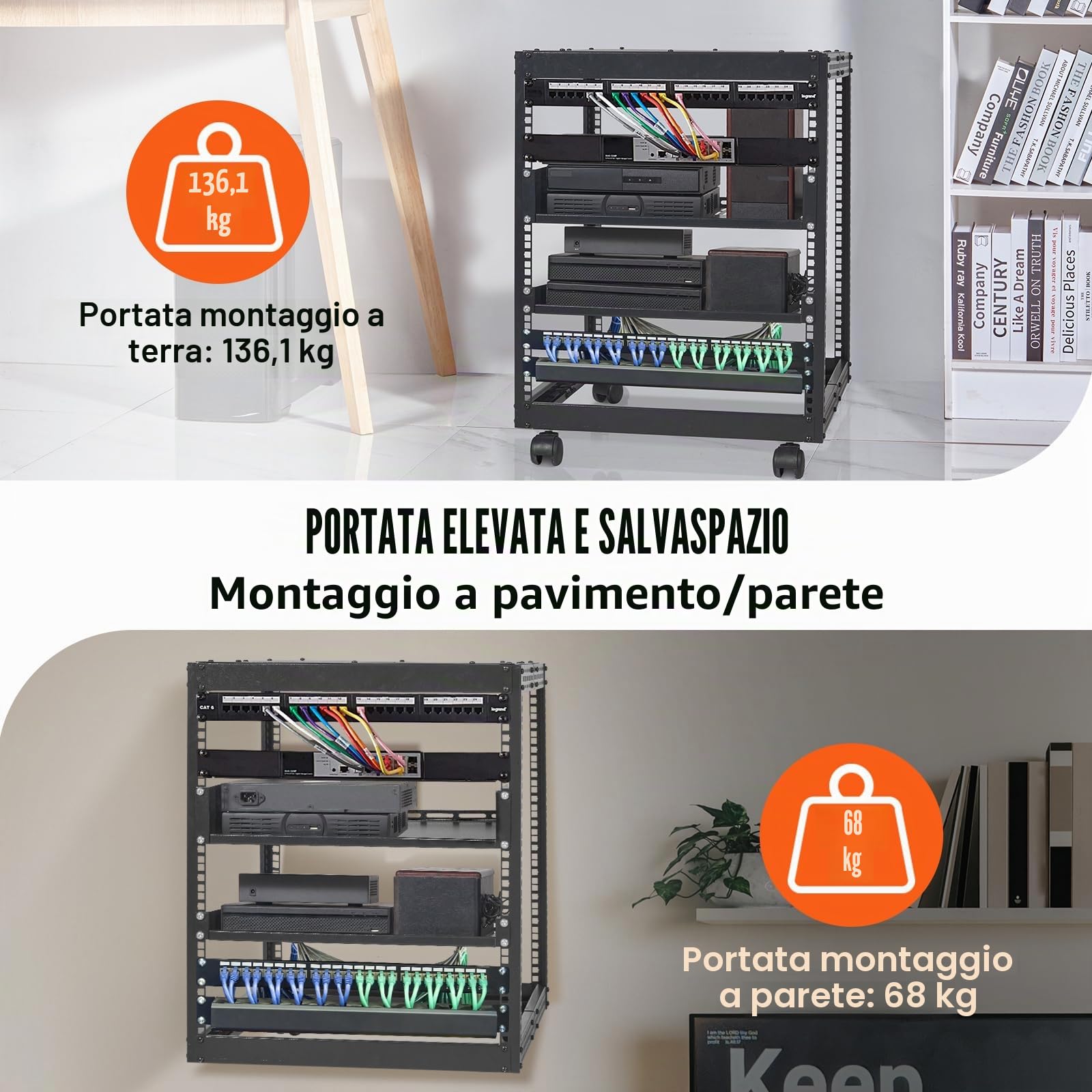 VEVOR Server Rack a Telaio Aperto 12U, Profondità Regolabile da 15''-40'', Server di Rete Rack da Autoportante o con Montaggio a Parete, Rack AV a 4 Posti con Ruote
