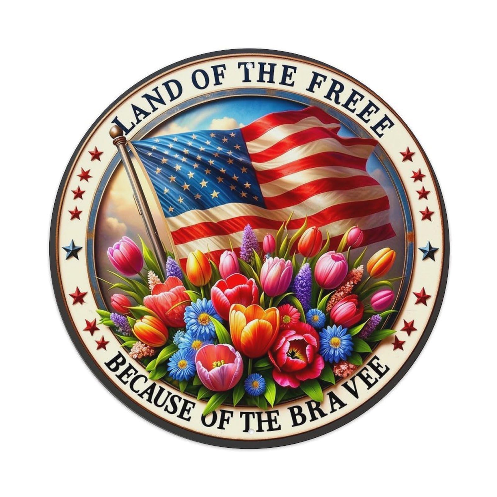 American Flag And Flowers Metal Tin Sign Plaque