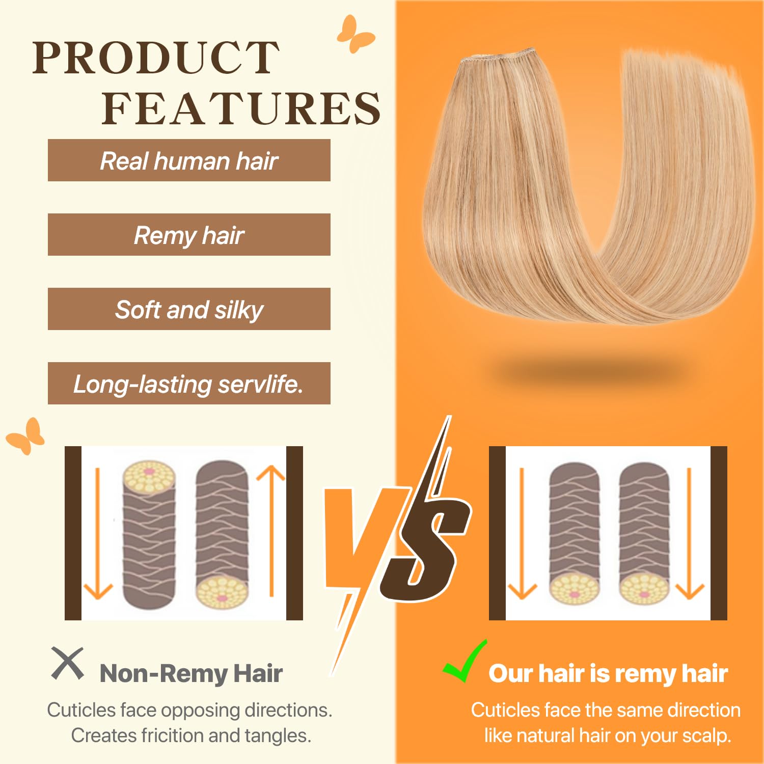 TESS Halo & Clip in Hair Extension 100% Real Human Hair Wig One Piece Adjustable Invisible Transparent Wire with 2 Secure Clips for Women UK #12P613 Golden Brown & Bleach Blonde 16 inch 65g - Image 2