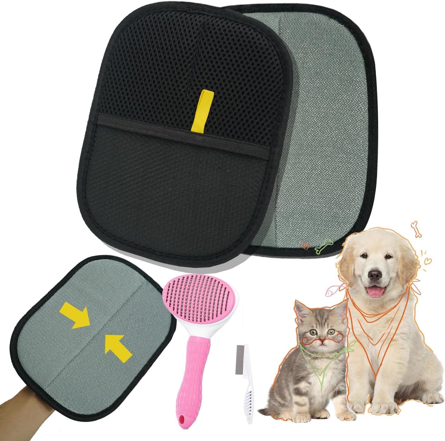 Pet Hair Remover Gloves 2 Pack with Comb, Reusable Electrostatic Pet Hair Removal Mitt for Couch, Car Seats, Clothes & Bedding, Dog & Cat Fur Remover for Furniture & Upholstery
