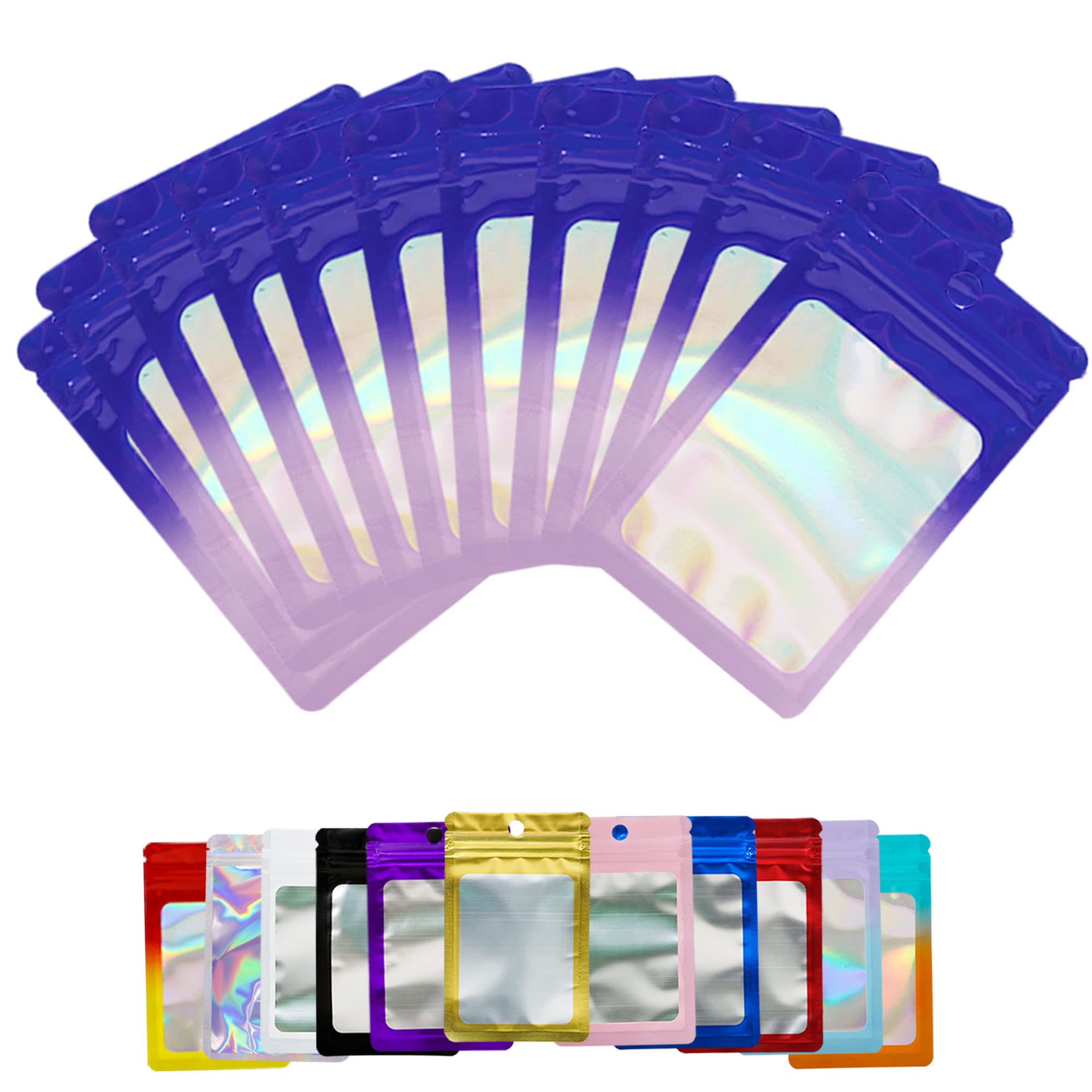 Funnyleaf 100 PCS Purple Fade Blue Resealable Mylar Holographic Bags Food Storage Smell Proof Bags with Front Window Packaging Pouch for Cookies