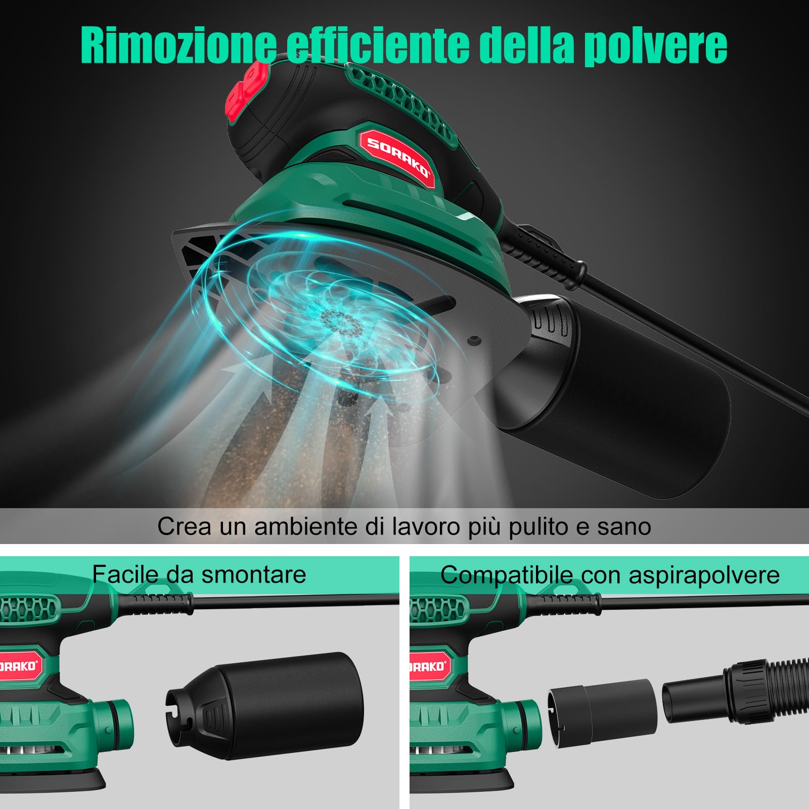 SORAKO Levigatrice Per Legno, 220W 14000 OPM Levigatrice Mouse Con Sacchetto Raccoglipolvere E 16 Fogli Di Carta Abrasiva, Ideale Per Levigare Superfici In Legno E Acciaio In Spazi Ristretti