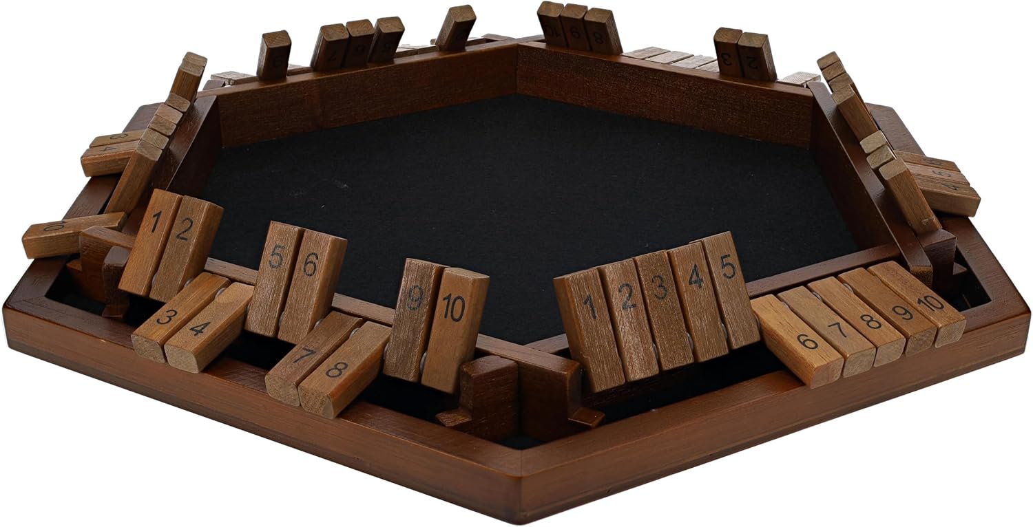Pacific Shore Games Shut The Box Game 6 Player – Walnut Stained Wood, Wooden Board Game, Table Games for Adults, Bar Games, Portable Dice Game for 1-6 Players, Classic Games