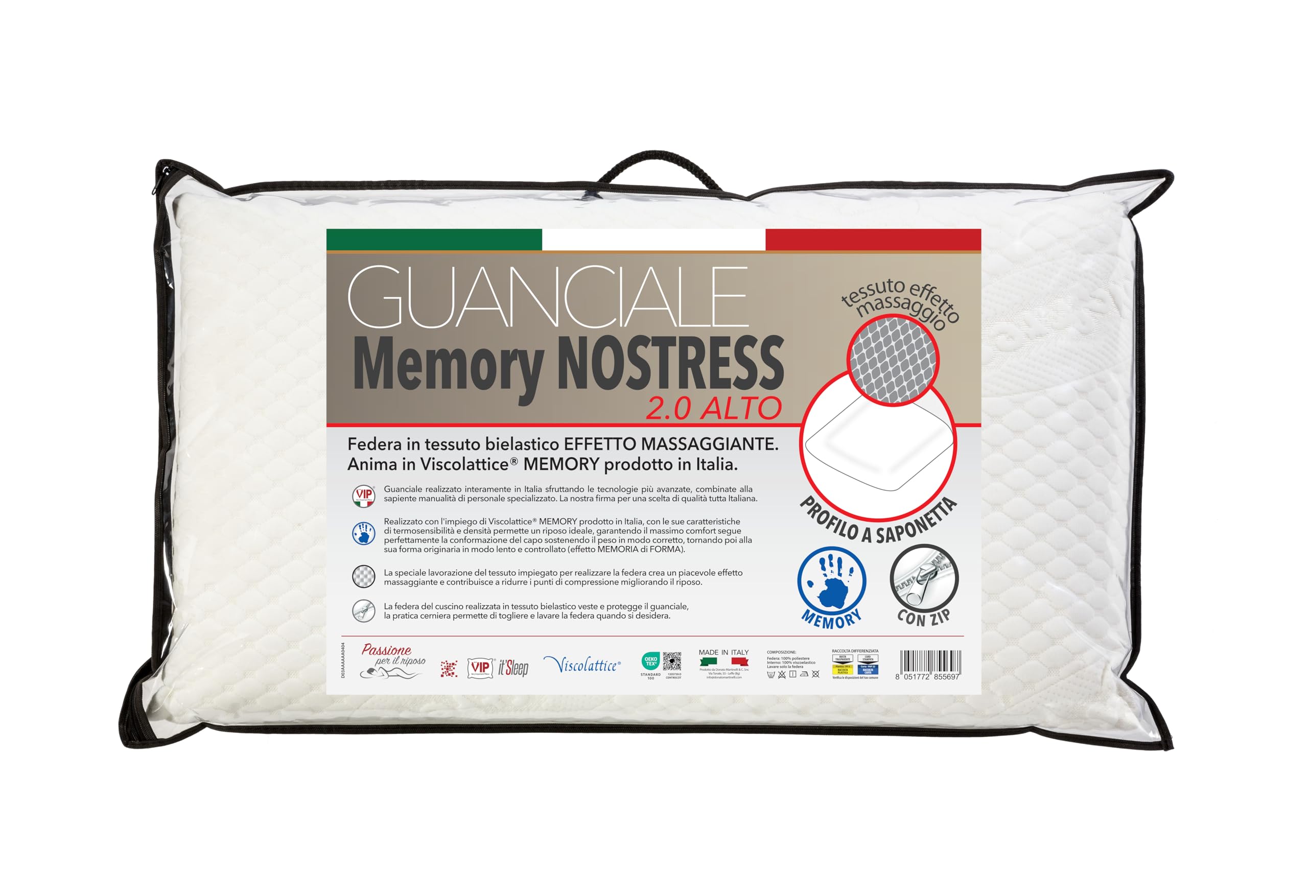 V.I.P. VERY IMPORTANT PILLOW - Cuscino Viscolattice Saponetta Memory No Stress Effetto Massaggio, Alto, 72 x 42 x 13 cm Made in Italy, Bianco