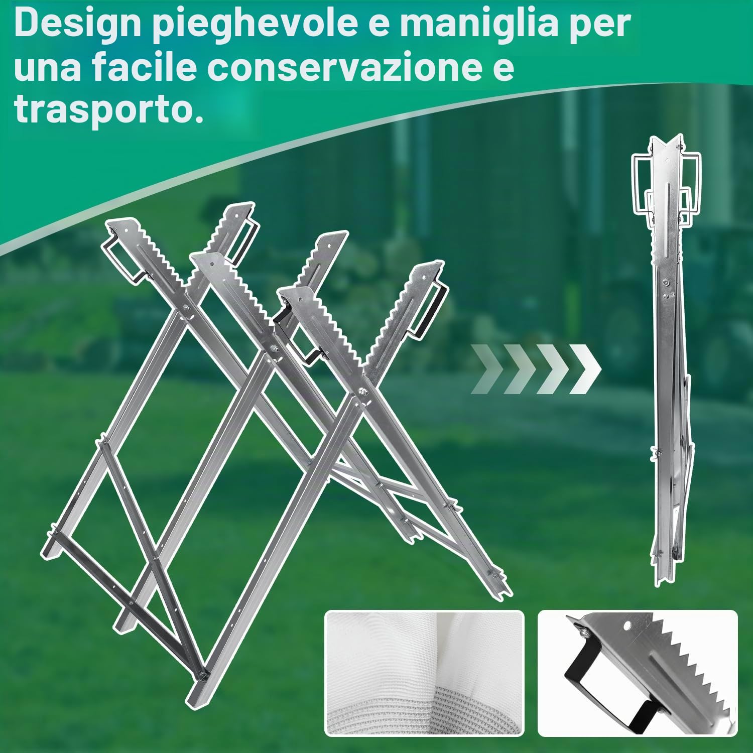 Cavalletto in metallo zincato e pieghevole, con 3 supporti per denti, portata fino a 150 kg, supporto per seghe a catena, per tronchi di alberi fino a Ø 23 cm