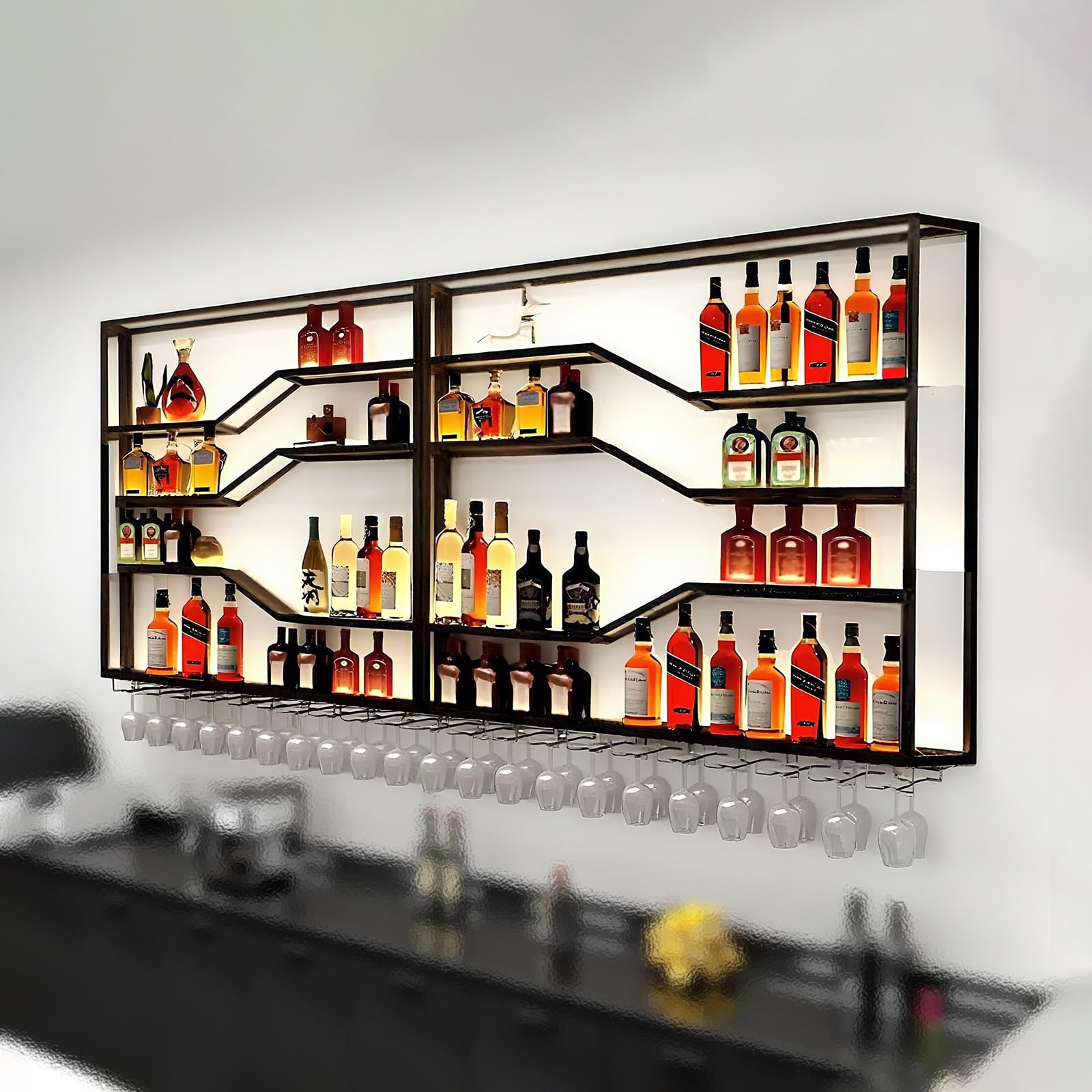 Porte-bouteilles mural en métal avec 4 porte-gobelets, étagères flottantes industrielles pour décoration de maison, bar, restaurant, solution de rangement noire